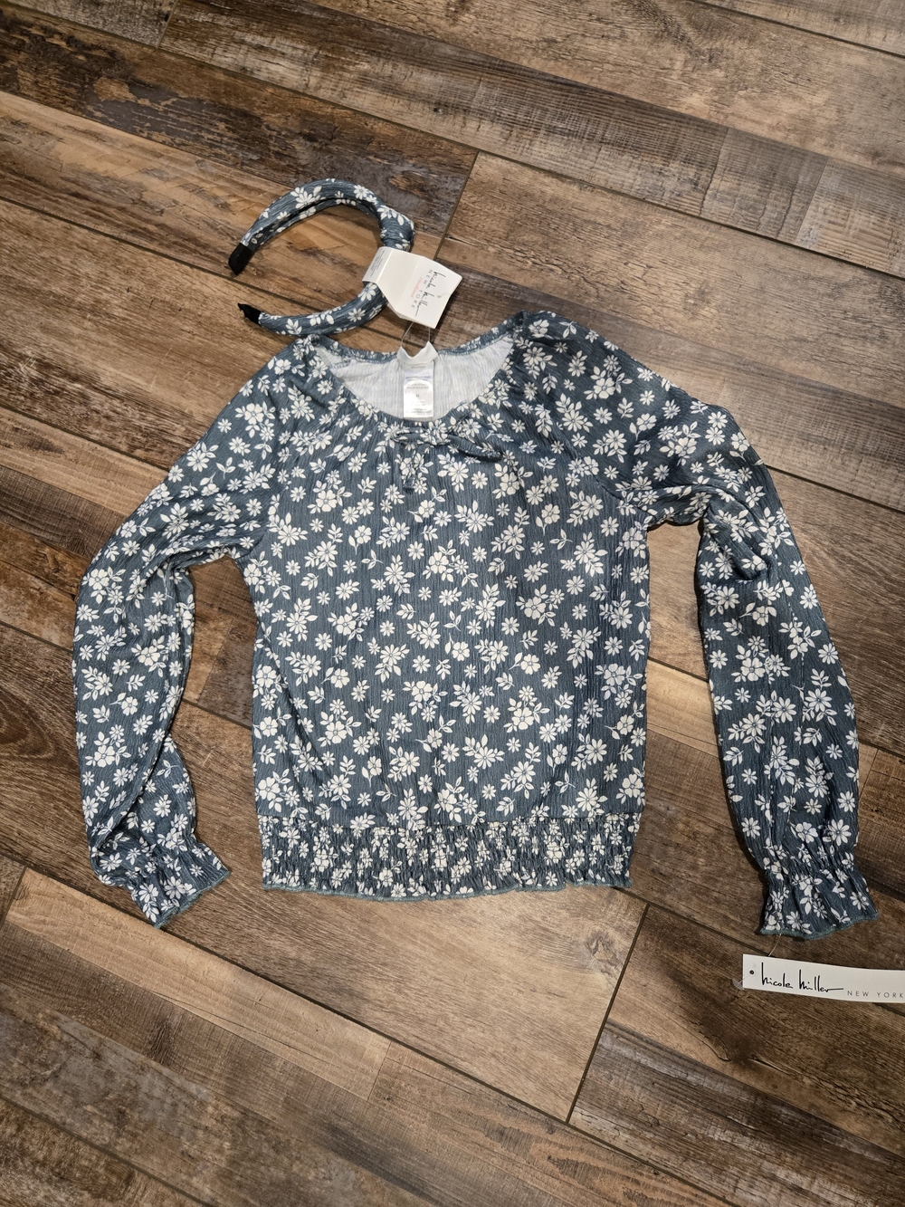 NWT Nicole Miller Girls Floral Long Sleeve Top & Headband Set Blue White Size 12